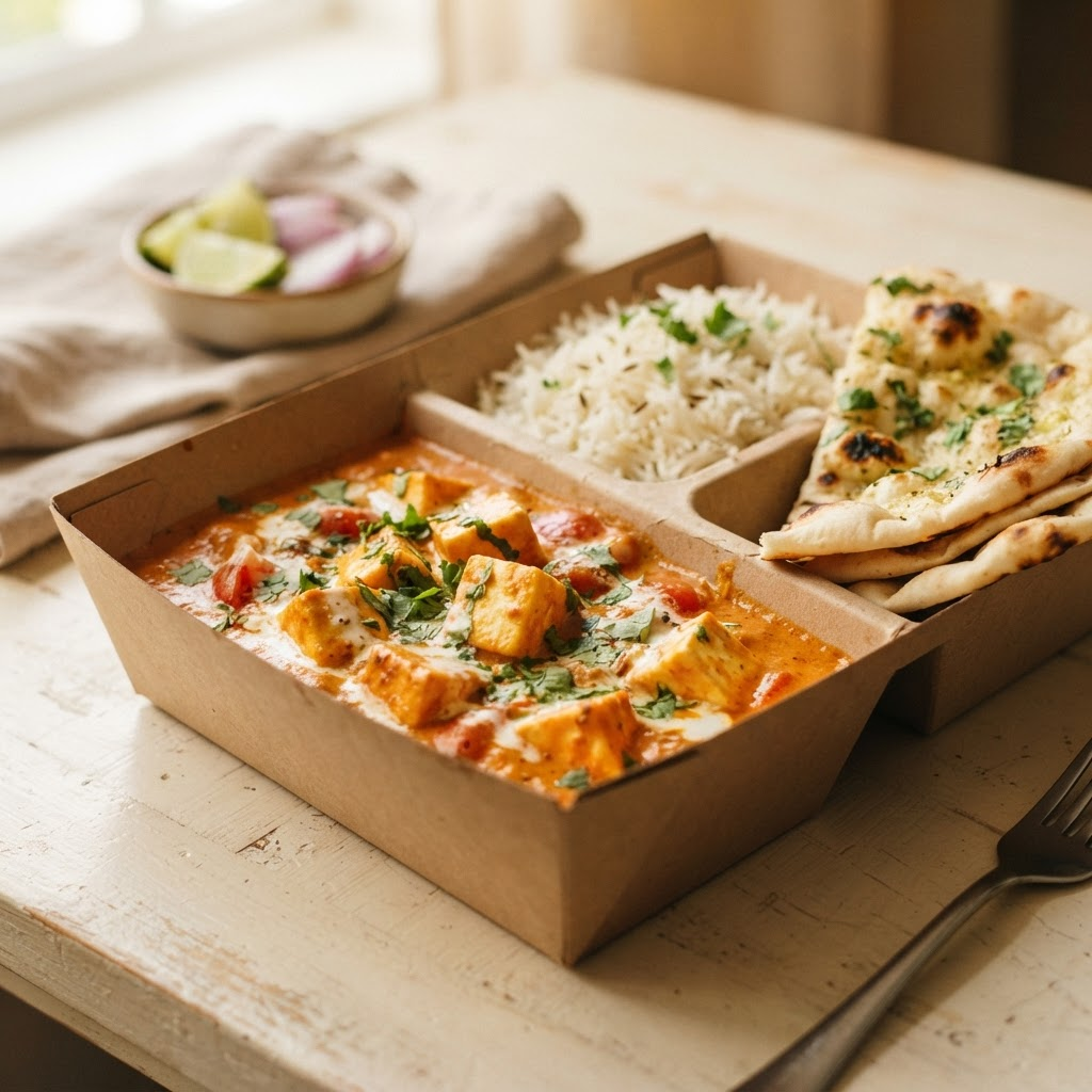 Paneer butter masala with naan and rice in a pickup box