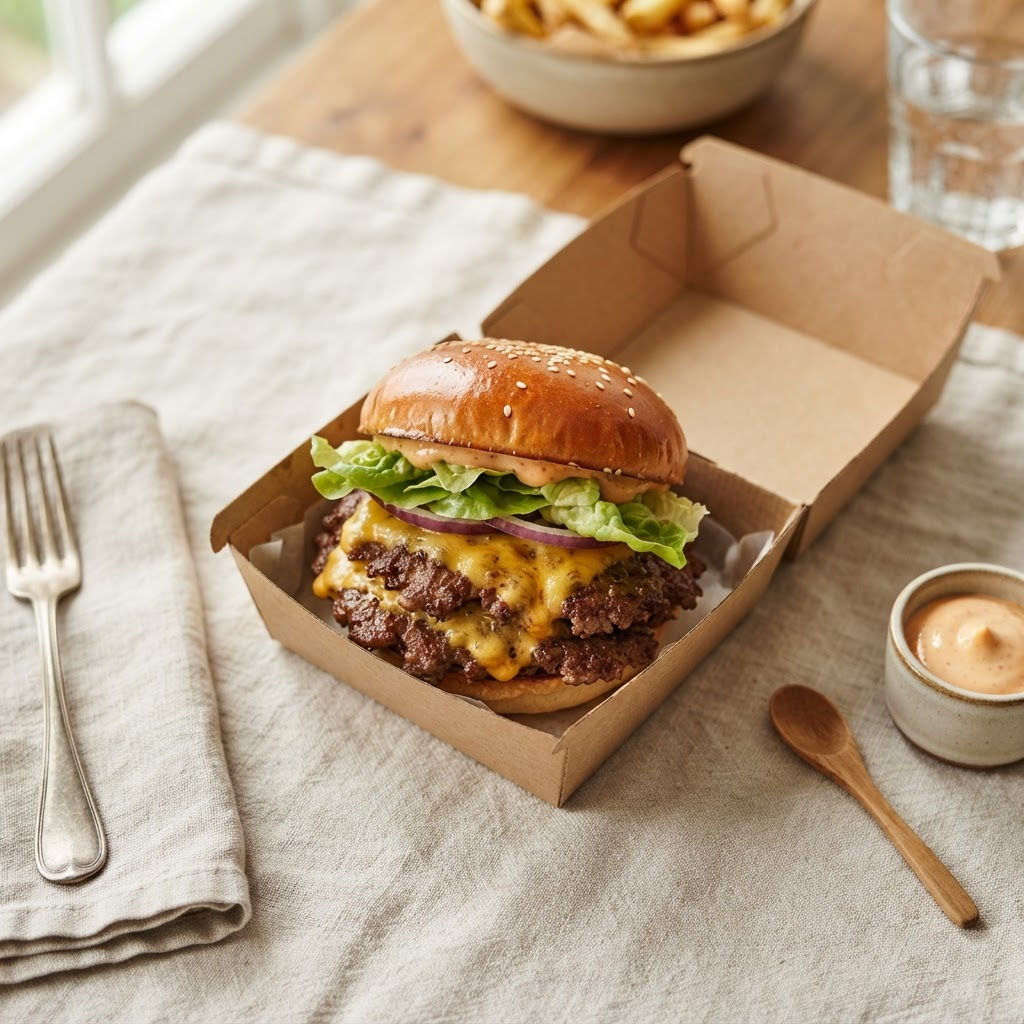 A gourmet smash burger in a pickup box