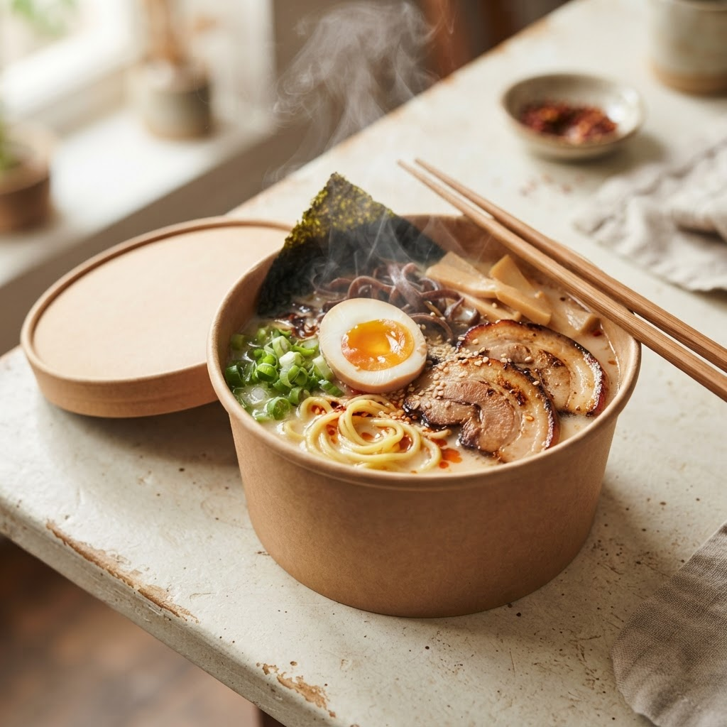 Tonkotsu ramen with soft egg in a pickup pot